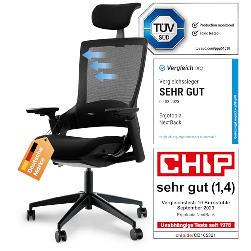 Ergotopia NextBack | Ergonomischer Bürostuhl gegen Rückenschmerzen | Mit integrierter Lordosenstütze | Zusätzliche Kopfstütze gegen Nackenschmerzen (Schwarz) von Ergotopia