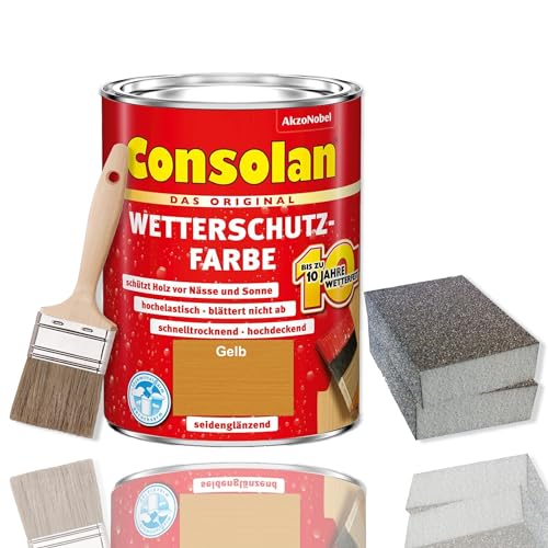 Consolan Wetterschutzfarbe Set 750 ml Holzfarbe Dauerschutz Deckend mit Zubehör (Gelb) von Erhard-Trading