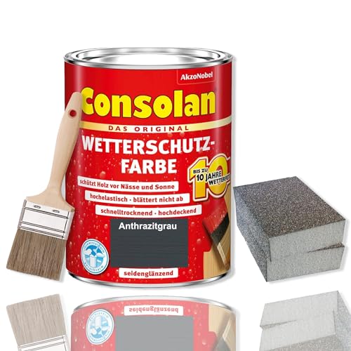 Consolan Wetterschutzfarbe Set 2,5 l Holzfarbe Dauerschutz Deckend mit Zubehör (Anthrazitgrau) von Erhard-Trading