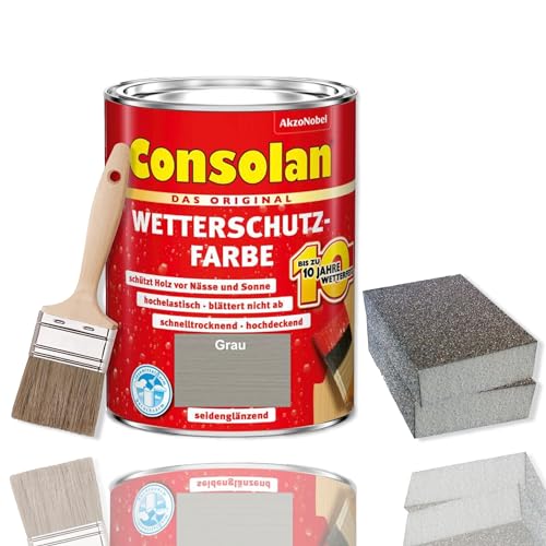 Consolan Wetterschutzfarbe Set 2,5 l Holzfarbe Dauerschutz Deckend mit Zubehör (Grau) von Erhard-Trading