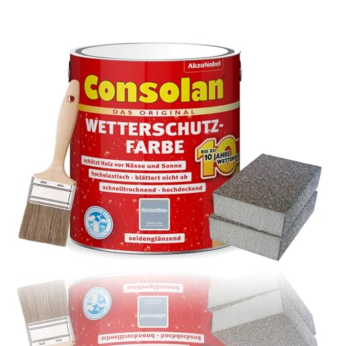 Consolan Wetterschutzfarbe Set 2,5 l Holzfarbe Dauerschutz Deckend mit Zubehör (Horizontblau) von Erhard-Trading