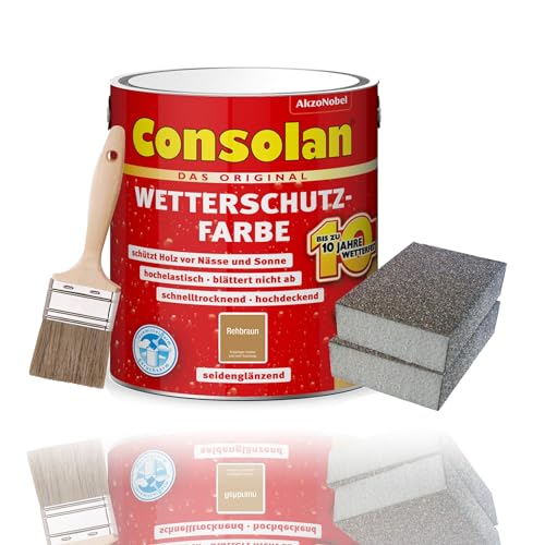 Consolan Wetterschutzfarbe Set 2,5 l Holzfarbe Dauerschutz Deckend mit Zubehör (Rehbraun) von Erhard-Trading