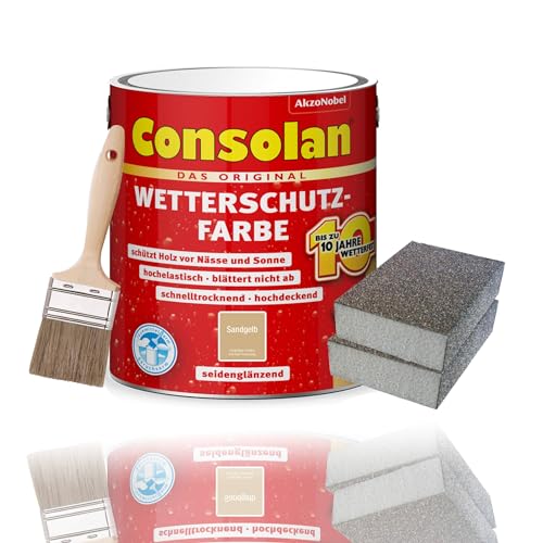 Consolan Wetterschutzfarbe Set 2,5 l Holzfarbe Dauerschutz Deckend mit Zubehör (Sandgelb) von Erhard-Trading