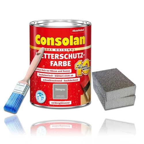 Consolan Wetterschutzfarbe Set 750 ml Holzfarbe Dauerschutz Deckend (Steingrau) von Erhard-Trading