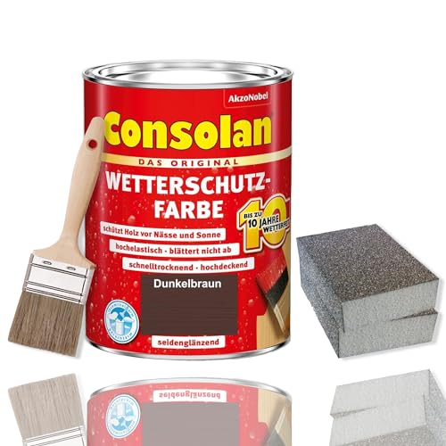 Consolan Wetterschutzfarbe Set 750 ml Holzfarbe Dauerschutz Deckend mit Zubehör (Dunkelbraun) von Erhard-Trading