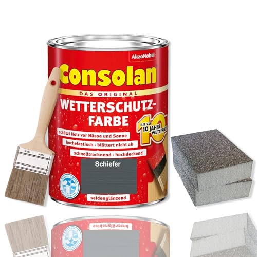 Consolan Wetterschutzfarbe Set 750 ml Holzfarbe Dauerschutz Deckend mit Zubehör (Schiefer) von Erhard-Trading