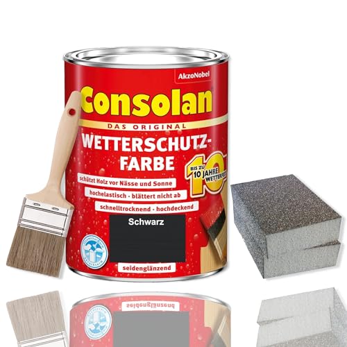 Consolan Wetterschutzfarbe Set 750 ml Holzfarbe Dauerschutz Deckend mit Zubehör (Schwarz) von Erhard-Trading