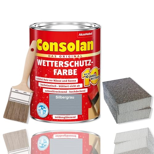 Consolan Wetterschutzfarbe Set 750 ml Holzfarbe Dauerschutz Deckend mit Zubehör (Silbergrau) von Erhard-Trading