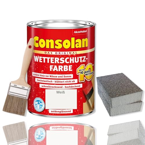 Consolan Wetterschutzfarbe Set 750 ml Holzfarbe Dauerschutz Deckend mit Zubehör (Weiß) von Erhard-Trading