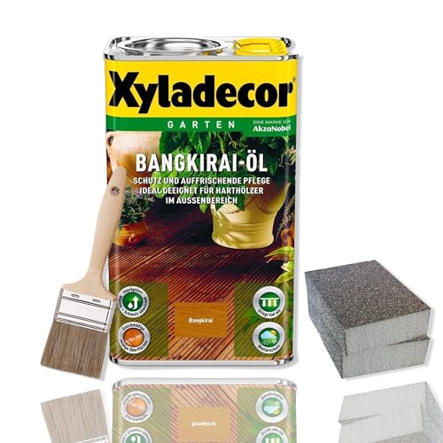 Xyladecor Bangkirai Öl Pflegeset Außen Holzöl Boden Terrasse Parkett mit Pinsel und Schleifschwamm (5 Liter) von Erhard-Trading