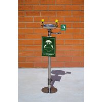 Erbstößer® Augendusche, DIN EN 15154-2 u. ANSI Z 358, Standmodell, komplett Edelstahl, mit Auffangbecken, zweistrahlig von Erbstößer®