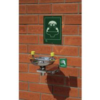 Erbstößer® Augendusche, DIN EN 15154-2 u. ANSI Z 358, Wandmontage, komplett Edelstahl, mit Auffangbecken, zweistrahlig von Erbstößer®