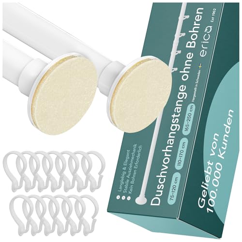Erica Duschvorhangstange ohne Bohren - Weiß Teleskopstange Vorhang – Spannstange, Gardinenstange, Klemmstange, 110-170 cm von Erica