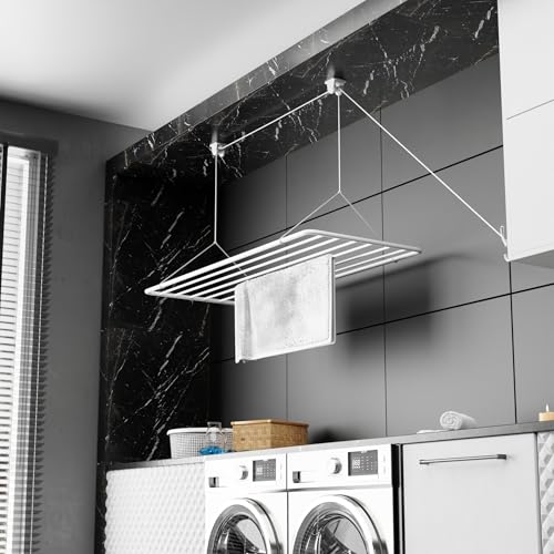 Erica Wäscheständer Decke 120x50cm, Hängender Wäschetrockner mit 9,6 Metern Trocknungsoberfläche, Vertikal Zusammenklappbar 2.5 Meter, Metall mit PVC-freier Kunststoffbeschichtung, Weiß von Erica