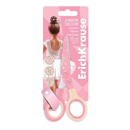 Erich Krause Kinderschere Junior 13cm mit Ballerina Motiv ab 3 Jahren - Edelstahlklingen mit abgerundeten Spitzen - Bastelschere mit Anti-Rutsch-Griffen - Papierschere Allzweckschere für Kinder Rosa von Erich Krause