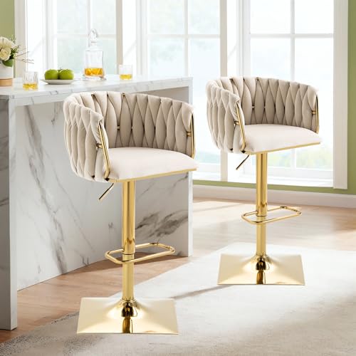 Erinnerda Moderner Samt Barhocker 2er Set, Barstuhl mit Fußstütze, Handgewebtes Design, Verstellbare Höhe, 360-Grad Drehung, Goldene Edelstahlbasis, Komfortable Rückenlehne und Sitz, Ivory von Erinnerda