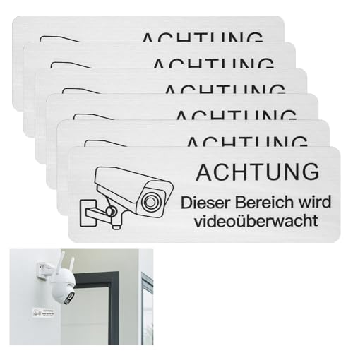 6 Stück Videoüberwachung Schild 8.5x3 cm, Achtung Privatgrundstück, Selbstklebend Aluminium Schild Warnschild, Hinweisschild Achtung Videoüberwachung Schild, Premiumqualität & rostfrei(Silber) von Erioscar