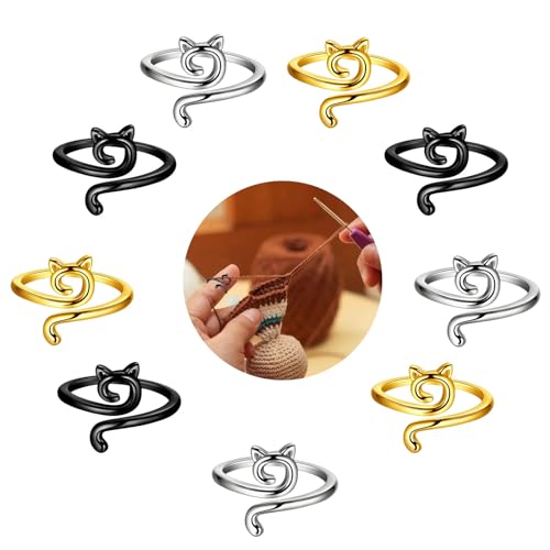 9 Stück Häkelring, Verstellbare Haken Strick, Häkelschlaufe Zubehör, Crochet Strickfingerhut Fadenführer Ring Fingerhalter DIY Strickhandwerk Katzenohren von Erioscar