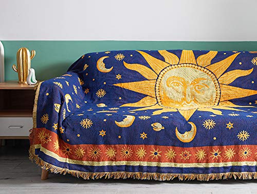 Erke 70" x 90" Sun and Moon Throw Blanket, Double Sided Cotton Woven Hippie Throws Wicca Blankets for Couch Bed Recliner Featuring Decorative Boho Fringe - Oversized, Yellow/Blue von Erke