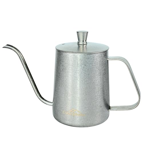 Erkundpresso- Vintage Silber Serie - Gooseneck Pour Over Kaffeekanne 350ml, Kaffeekanne mit Schwanenhals,Antikes Handwerk aus Edelstahl,Industrie Retro,Handtropfkessel für Reisen und Camping - Silber von Erkundpresso.