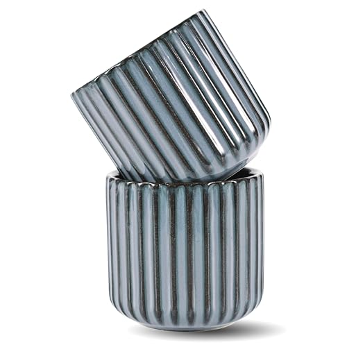 Erkundpresso. 180ml Keramik Kaffeebecher Ohne Henkel 2er Set - Premium Dickwandig Steingut Barista Tasse - Handgefertigt für Latte Art & Espresso - Zementblau von Erkundpresso.