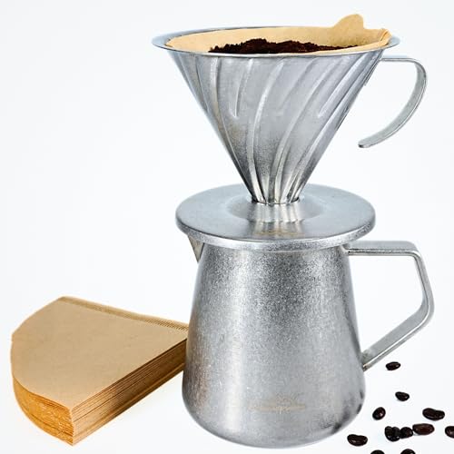 Erkundpresso. - Vintage Silber Serie -Permanenter Pour Over Kaffeebereiter Set für Filterkaffee, 600ml kaffeekanne Set,inklusive 40x Papierfilter,1 bis 4 Tassen-Antikes Handwerk aus Edelstahl von Erkundpresso.