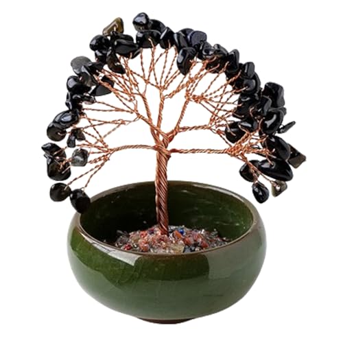 Erliway Schwarzer Obsidian-Kristallbaum, 10,2 cm Kristallbaum des Lebens, natürlicher Kristall-Bonsai-Baum als Einweihungsgeschenk, Heilkristall-Edelstein-Geldbaum für Positive Energie, Bürodekor von Erliway