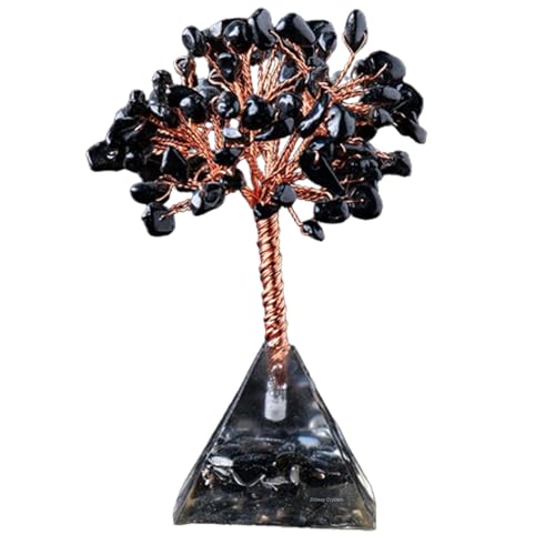 Erliway Schwarzer Obsidian-Kristallbaum, 3,94 Zoll Kristall-Lebensbaum mit Pyramidenbasis, natürlicher Edelstein-Bonsai-Baum, Heilkristall-Geldbaum zur Einweihungsfeier, Energie,Bürodekor von Erliway