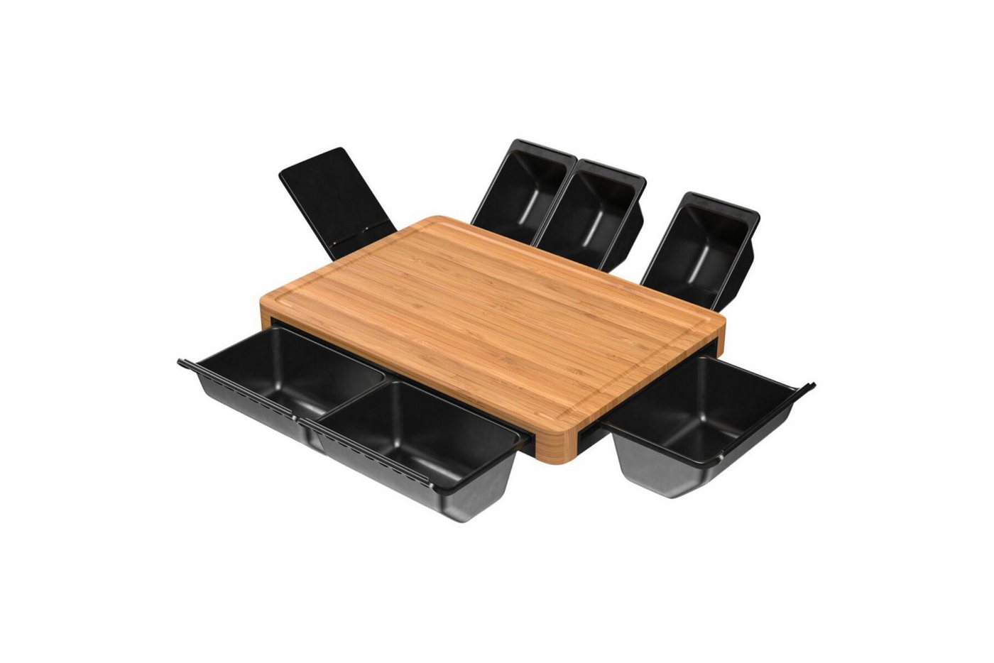 Ernesto Schneidebrett Ernesto Bambus Multifunktionales Schneidebrett mit Auffangbehältern, Bambus, ABS, (Schneidebrett-Set, 8-St., 8-teilig: Schneidebrett, Halter, 3 große + 3 kleine Behälter), Mit Smartphone-/Tablet-Halter und 6 stapelbaren Behältern von Ernesto