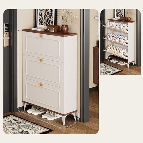 Ernqi Schuhschrank Mit 3 Schubladen Und Klappdeckel, Aufbewahrungsregal Für Eingangsbereich, Schmaler Schuhschrankhalter Aus Holz Mit Offenem Boden, Goldenem Griff(White,Double_27.6IN) von Ernqi