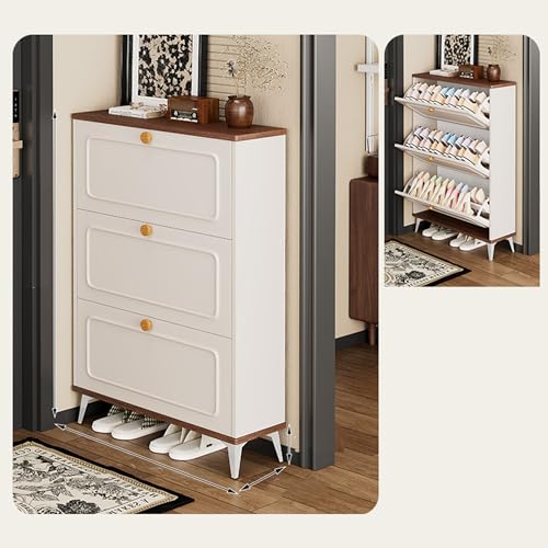 Ernqi Schuhschrank Mit 3 Schubladen Und Klappdeckel, Aufbewahrungsregal Für Eingangsbereich, Schmaler Schuhschrankhalter Aus Holz Mit Offenem Boden, Goldenem Griff(White,Double_39.4IN) von Ernqi