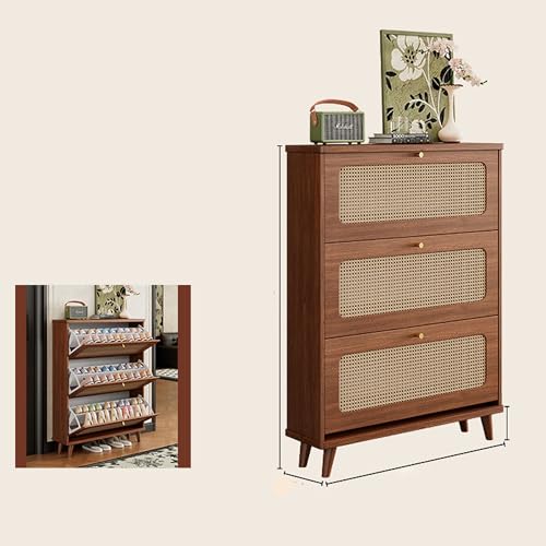 Schmaler Schuhschrank Mit 3 Schubladen Und Klappdeckel, Aufbewahrungs-Organizer Für Eingangsbereich Mit Rattantür, In 2 Stärken Erhältlich, Metallgriffen(Double,23.6in) von Ernqi