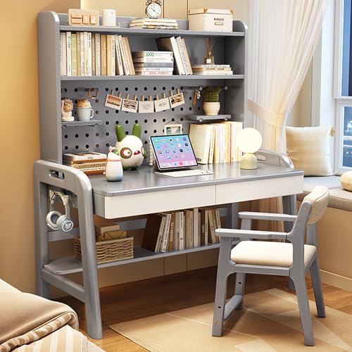 Schreibtisch Und Bücherregal Massivholz Mit Verstellbarer Lochplatte Für Gaming Oder Einsatz Im Büro, Computertisch Mit Stuhl, Schubladen, (Gray,NO Chair_31.5IN) von Ernqi