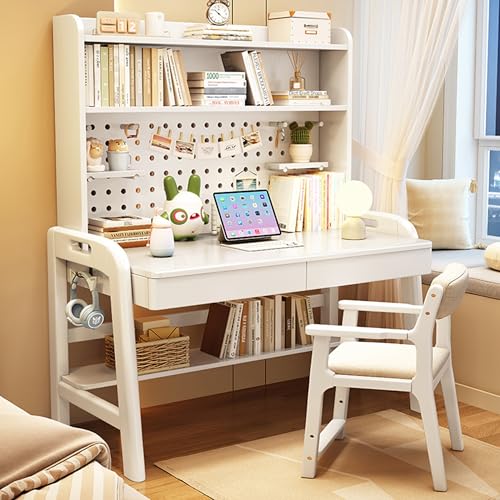 Schreibtisch Und Bücherregal Massivholz Mit Verstellbarer Lochplatte Für Gaming Oder Einsatz Im Büro, Computertisch Mit Stuhl, Schubladen, (White,NO Chair_55.1IN) von Ernqi