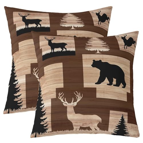 2 Stück rustikale Hüttenhütten-Kissenbezüge, 45,7 x 45,7 cm, Jagd, Elch, Hirsch, Bär, Bauernhaus, alte Scheunentor-Kissenbezüge, Wildtiere, Waldabenteuer, dekorative Akzent-Kissenbezüge 2 Stück rustikale Hüttenhütten-Kissenbezüge, 45,7 x 45,7 cm, Jagd, Elch, Hirsch, Bär, Bauernhaus, alte Scheunentor-Kissenbezüge, Wildtiere, Waldabenteuer, dekorative Akzent-Kissenbezüge von Erosebridal