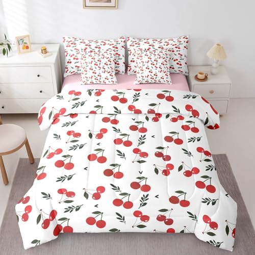 7-teiliges Kirsch-Dekor-Bettwäsche-Set für Mädchen, Bettdecken-Set mit Laken in Doppelbettgröße, rote Kirschschleife, Bett in einer Tasche mit Bettlaken und Spannbetttuch für Kinder, Mädchen 7-teiliges Kirsch-Dekor-Bettwäsche-Set für Mädchen, Bettdecken-Set mit Laken in Doppelbettgröße, rote Kirschschleife, Bett in einer Tasche mit Bettlaken und Spannbetttuch für Kinder, Mädchen von Erosebridal