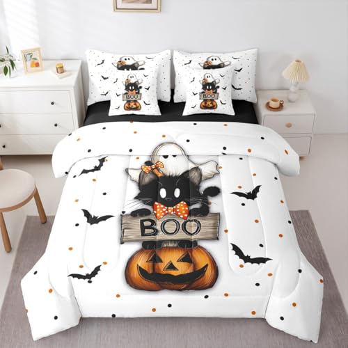 Erosebridal 7-teiliges Bettwäsche-Set mit Halloween-Motiv, niedliches schwarzes Katzenbett in einer Tasche, Kürbislaterne, Bett-Set enthält Bettdecke, Bettlaken-Set, Kissenbezüge und Kissenbezüge von Erosebridal
