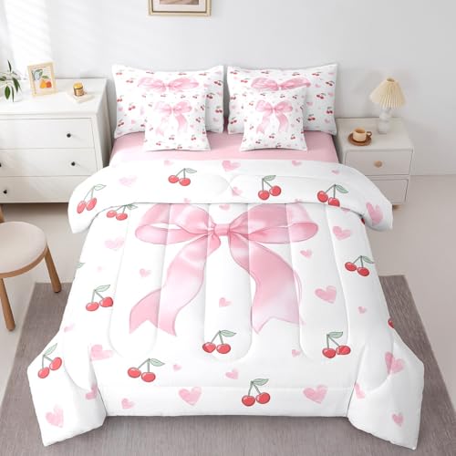 Erosebridal 7-teiliges Bettwäsche-Set mit rosa Schleife für Mädchen, volle Größe, rote Kirschen, Schleife, Bettdecken-Set mit Bettlaken, Band, Kokettbett in einer Tasche mit Bettlaken und Erosebridal 7-teiliges Bettwäsche-Set mit rosa Schleife für Mädchen, volle Größe, rote Kirschen, Schleife, Bettdecken-Set mit Bettlaken, Band, Kokettbett in einer Tasche mit Bettlaken und von Erosebridal