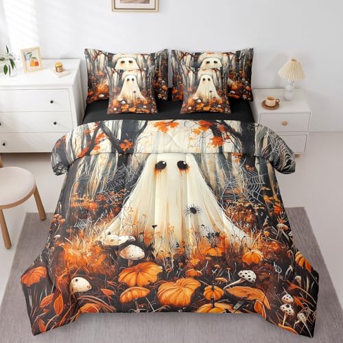 Erosebridal 7-teiliges Geisterbett in einer Tasche, Queen-Size-Spinnennetz, Halloween-Bettwäsche-Set, Dschungel, Pilze, Bäume, gruselige, wilde botanische Blätter, Steppdecke mit flachem Spannbetttuch von Erosebridal