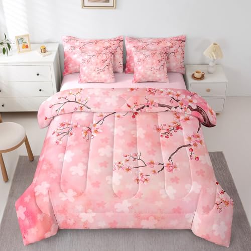 Erosebridal 7-teiliges süßes Kirschblüten-Bettwäsche-Set für Mädchen und Frauen, Sakura-Blumen-Bettwäsche-Sets mit Laken, rosa Blüten, Bett in einer Tasche, ästhetisches Bett-Set, Schlafzimmer-Dekor von Erosebridal