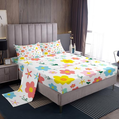 Erosebridal Bettwäsche-Set mit niedlichem Blumenmuster, Doppelgröße, für Kinder, Jungen, Mädchen, Kawaii-Cartoon-Blumenmuster, bunte Blumen, Rot, Gelb, Blau, Bettlaken mit 1 Kissenbezügen, tiefen Erosebridal Bettwäsche-Set mit niedlichem Blumenmuster, Doppelgröße, für Kinder, Jungen, Mädchen, Kawaii-Cartoon-Blumenmuster, bunte Blumen, Rot, Gelb, Blau, Bettlaken mit 1 Kissenbezügen, tiefen von Erosebridal