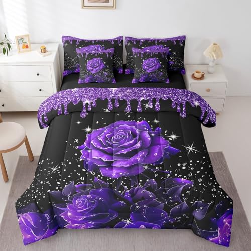 Erosebridal Bettwäsche-Set mit violetten Rosen in einer Tasche, Queen-Size-Bett-Set, 7-teilig, Glitzer-Galaxie-Bettwäsche-Set, Pailletten, flüssige Kunst, Bettlaken-Set mit Steppdecke, abstraktes Erosebridal Bettwäsche-Set mit violetten Rosen in einer Tasche, Queen-Size-Bett-Set, 7-teilig, Glitzer-Galaxie-Bettwäsche-Set, Pailletten, flüssige Kunst, Bettlaken-Set mit Steppdecke, abstraktes von Erosebridal