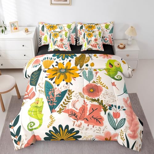 Erosebridal Boho Floral Bett in einer Tasche 7 Stück Tropische Blätter Bettwäsche Set für Jungen Mädchen Lustige Eidechse Queen Size Tröster Set Rustikale Bauernhaus Bettwäsche Tröster-Sets Chic von Erosebridal