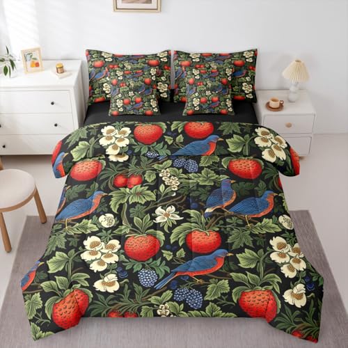 Erosebridal Boho Strawberry Queen Tröster-Set Blumen Vögel Bett in einer Tasche mit Bettlaken und Spannbetttuch Ästhetische Tiere Botanisch 7-teiliges Bettwäsche-Set volle Größe Litschi Früchte Quilt von Erosebridal