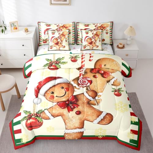 Erosebridal Bowknot 7-teiliges Bettwäsche-Set für Doppelbett, Lebkuchen-Bettwäsche-Set mit Laken für Kinder, Mädchen, Jungen, Weihnachten, Stechpalmenbeeren, Schleife, Band, Süßigkeitenbett in einer von Erosebridal