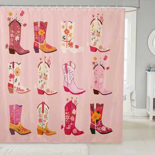 Erosebridal Duschvorhang-Set mit pinken Cowgirl-Stiefeln für Mädchen und Kinder, niedliches Boho-Blumen-Badezimmerdekor, Bohemian-Wildblumen-Badezimmer-Set, 183 cm B x 213 cm von Erosebridal