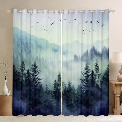 Erosebridal Fenstervorhänge, Naturwald, Verdunkelungsvorhänge, Natur, neblig, botanische Bäume, Fensterbehandlungen, Vorhänge für Schlafzimmer, 2 Paneele, 96,5 x 114,7 cm, Blau / Grün von Erosebridal