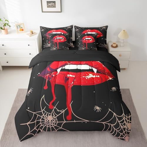 Erosebridal Gotisches Bettwäsche-Set mit roten Lippen, 7-teilig, Halloween-Horror-Thema, 3D-Mund, komplettes Tröster-Set mit Laken für Jungen, Mädchen, Kinder, blassrosa Spinnennetz-Bett in einer Erosebridal Gotisches Bettwäsche-Set mit roten Lippen, 7-teilig, Halloween-Horror-Thema, 3D-Mund, komplettes Tröster-Set mit Laken für Jungen, Mädchen, Kinder, blassrosa Spinnennetz-Bett in einer von Erosebridal