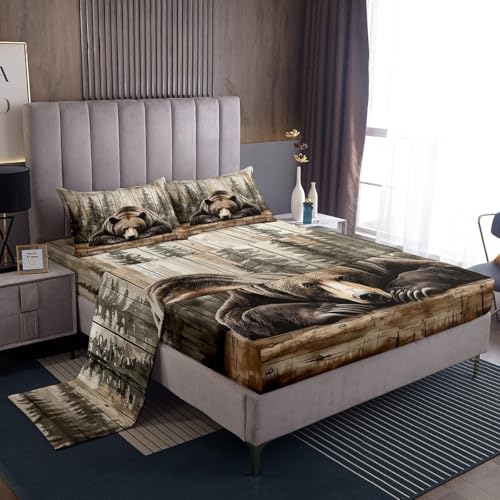 Erosebridal Grizzly Bear Bettlaken-Set, Kingsize, Jagd, Wildtiere, rustikales Bauernhaus-Spannbetttuch, Vintage, Waldtiere, Raumdekoration, 2 Kissenbezüge Erosebridal Grizzly Bear Bettlaken-Set, Kingsize, Jagd, Wildtiere, rustikales Bauernhaus-Spannbetttuch, Vintage, Waldtiere, Raumdekoration, 2 Kissenbezüge von Erosebridal