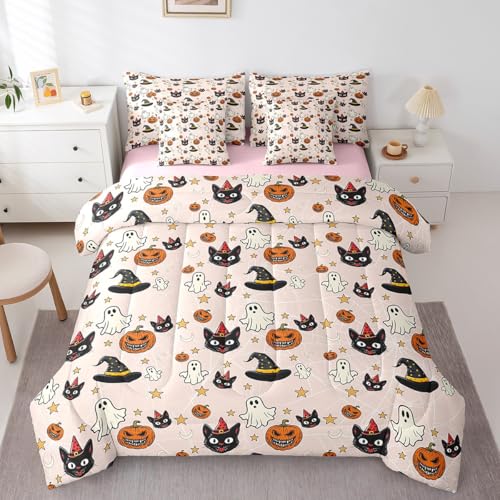Erosebridal Halloween-Bettwäsche-Set, 7-teilig, Cartoon-Kürbis-Laterne, Geister, Katze, komplettes Bettdecken-Set mit Laken für Jungen, Mädchen, Kinderzimmer, Dekoration, Sterne, Galaxie, Gothic, Bett von Erosebridal